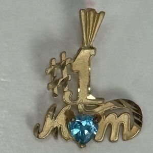 Vintage 14k Gold #1 Mom Pendant with Blue Topaz Heart